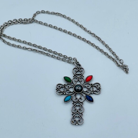 AVON Jeweled Romanesque Cross Silver Tone Long Necklace Vintage Crucifix Pendant - Picture 2 of 10